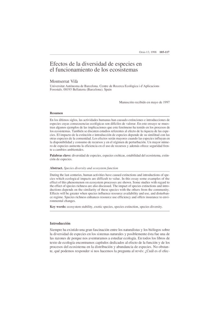 1997. Efectos de la diversidad de especies en el funcionamiento de los ecosistemas