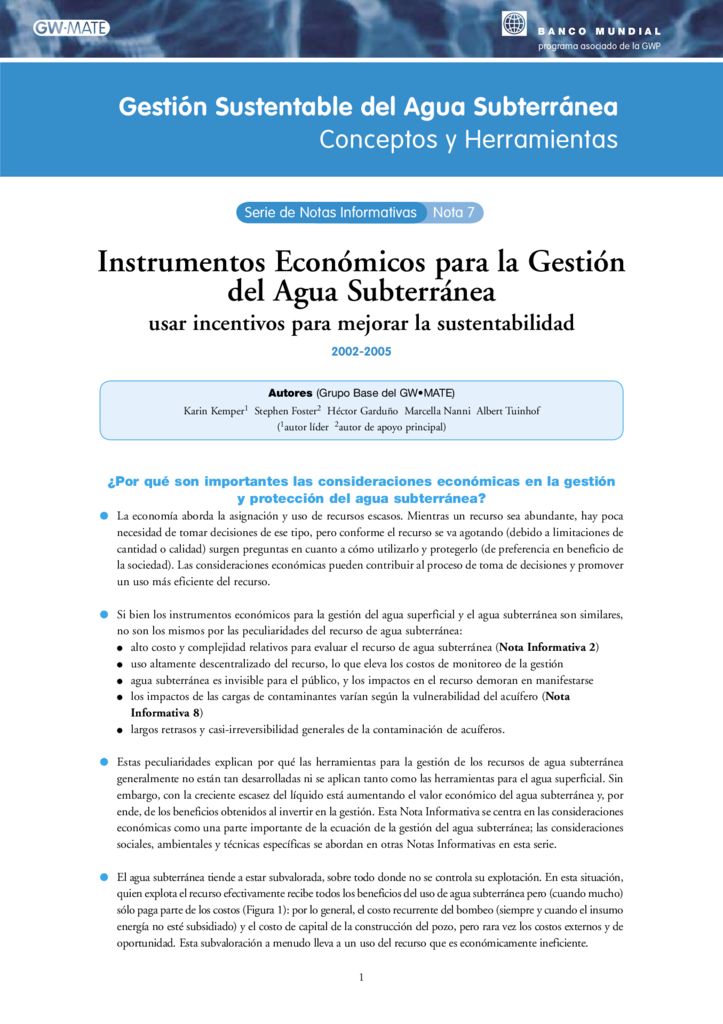 2002 – 2005. Instrumentos Económicos para la Gestión del Agua Subterránea. Banco Mundial