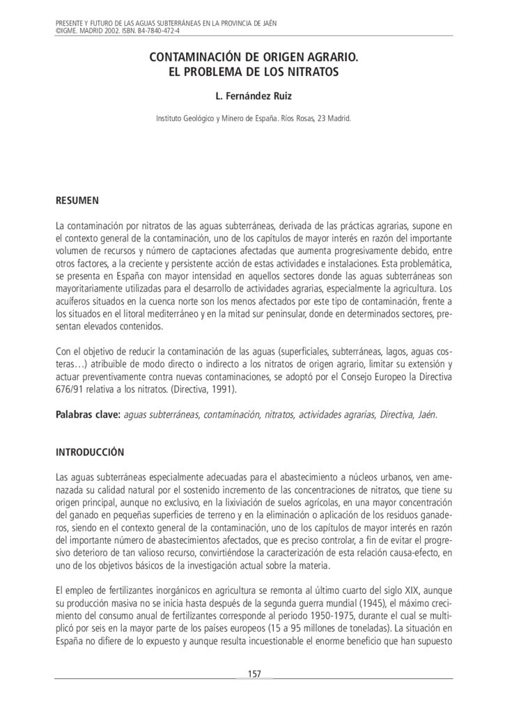 2002. Contaminación de origen agrario, el problema de los nitratos. Instituto Geológico y Minero de España