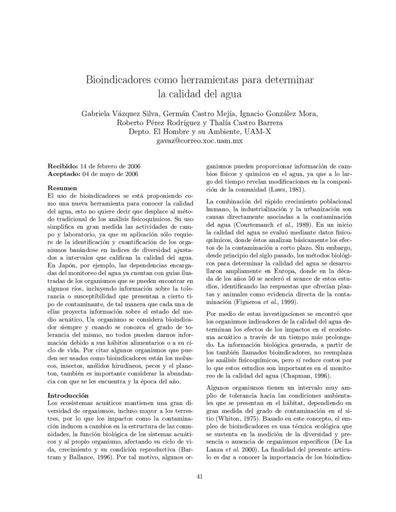 2006. Bioindicadores como herramientas para determinar la calidad del agua