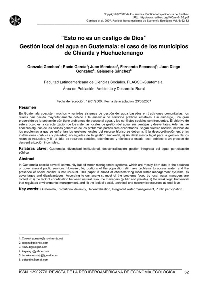 2007. Gestión local del agua en Guatemala el caso de los municipios de Chiantla y Huehuetenango. FLACSO-Guatemala