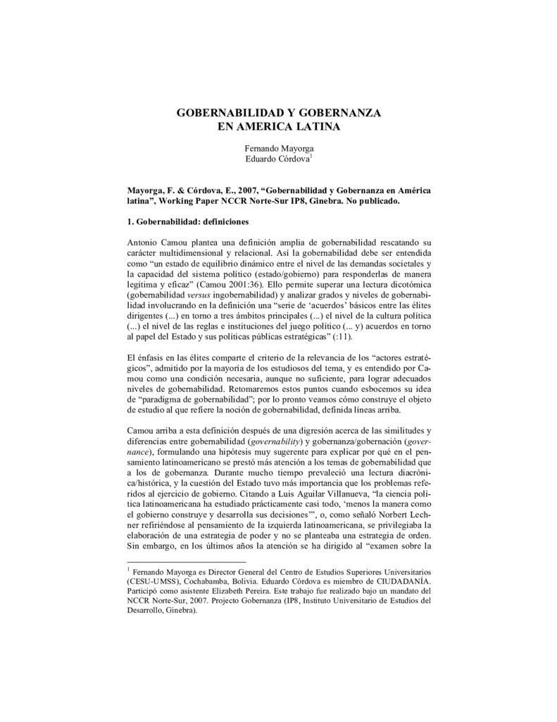 2007. Gobernabilidad y Gobernanza en América Latina