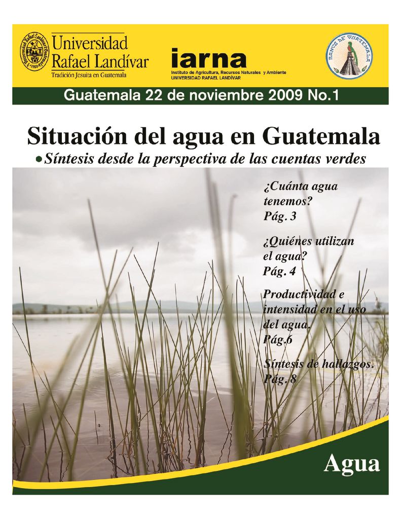 2009. Síntesis del agua en Guatemala. Síntesis desde la perspectiva de las cuentas verdes. IARNA URL