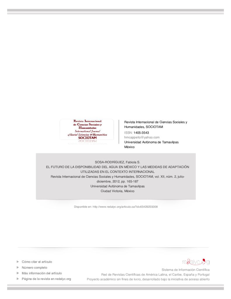 2012. El futuro de la disponibilidad de agua en Mexico y la medidas de adaptación utilizadas en el contexto internacional