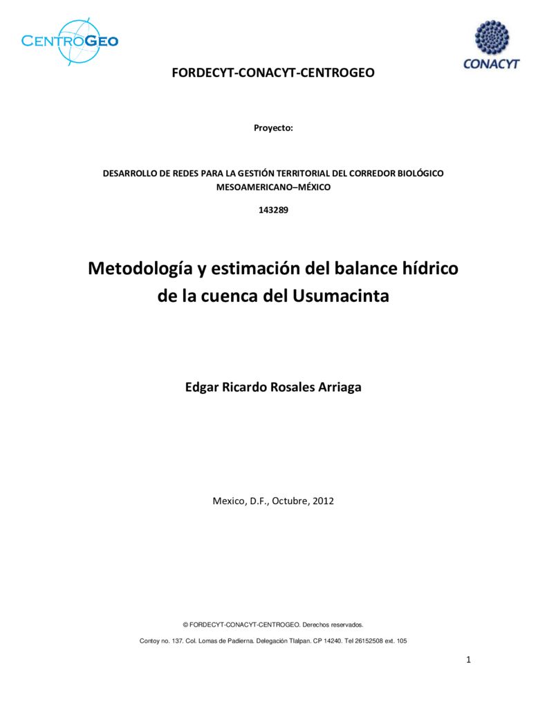 2012. Metodología y estimación del balance hídrico de la cuenca del Usumacinta