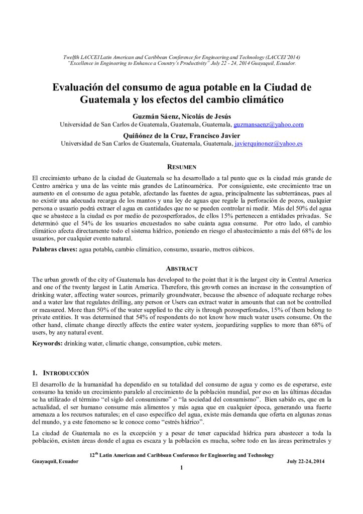 2014. Evaluación del consumo del agua en Guatemala y sus efectos al cambio climático