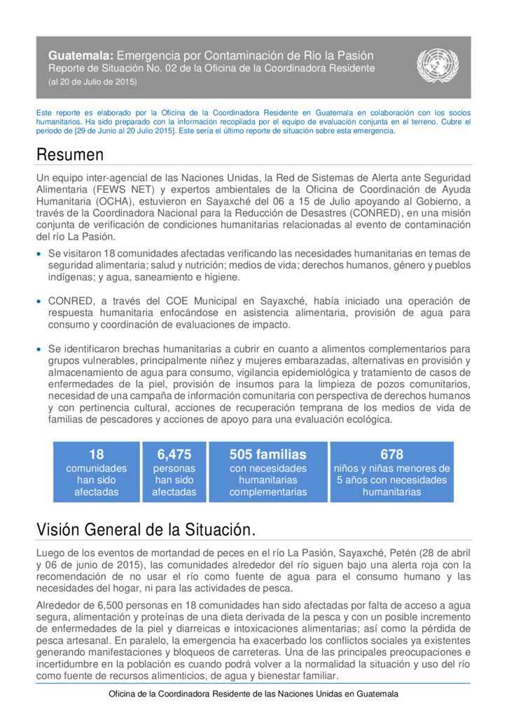 2015. Emergencia por contaminación de Río la Pasión. UNESCO