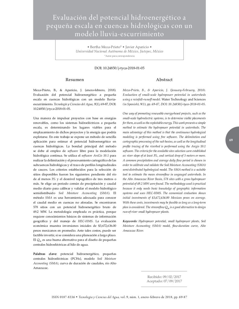 2017. Evaluación del potencial hidroenergético a pequeña escala en cuencas hidrológicas con un modelo lluvia-escurrimiento