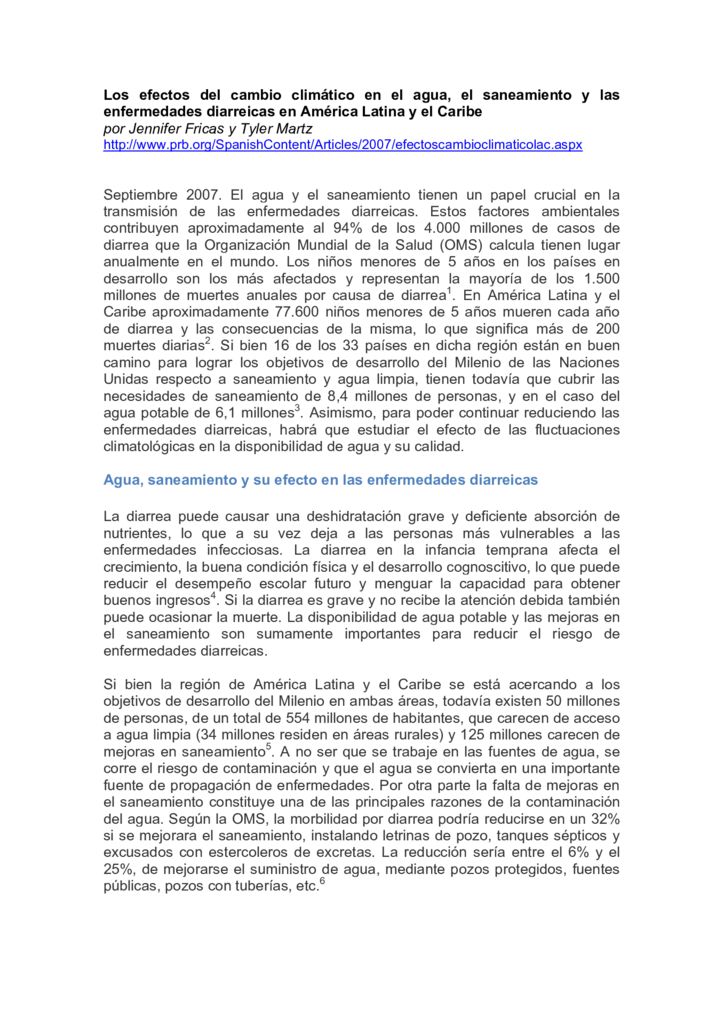 SF. Los efectos del cambio climático en el agua, el saneamiento y las enfermedades diarreicas en América Latina y el Caribe