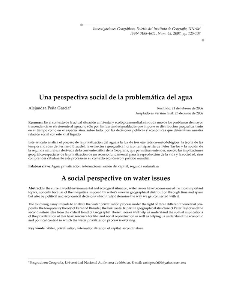 2006. Una perspectiva social de la problematica del agua. UNAM