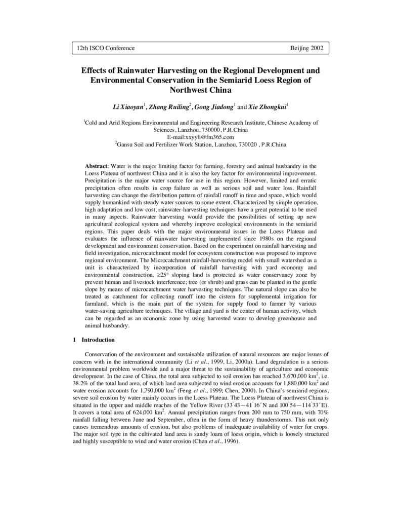 2002. Effects of Rainwater Harvesting on the Regional Development